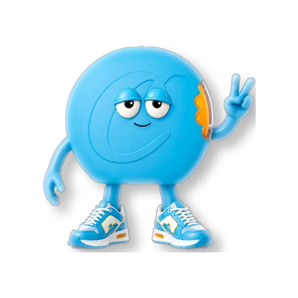 Figura coleccionable naranja Flavor VIP con diseño de personaje animado haciendo el signo de la paz y zapatillas