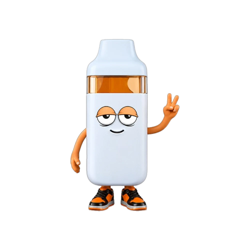 Figura coleccionable naranja de Flavor VIP con diseño de personaje animado haciendo el signo de la paz y zapatillas