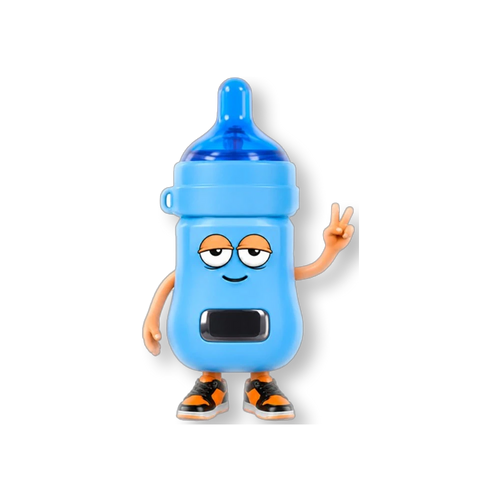 Figura coleccionable naranja Flavor VIP con diseño de personaje animado haciendo el signo de la paz y zapatillas