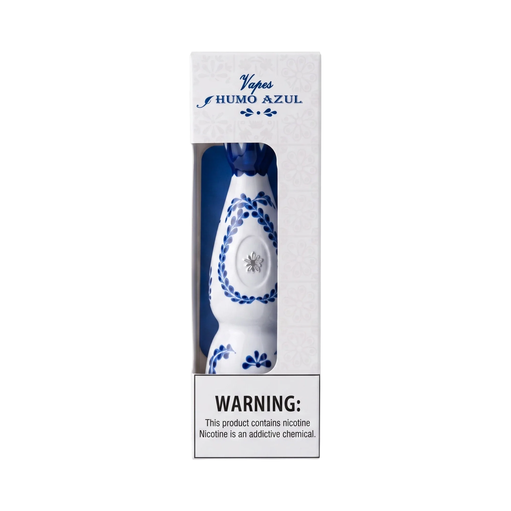 Vape desechable Flavor VIP Humo Azul 8K con diseño de cerámica blanca y azul estilo talavera en su empaque original