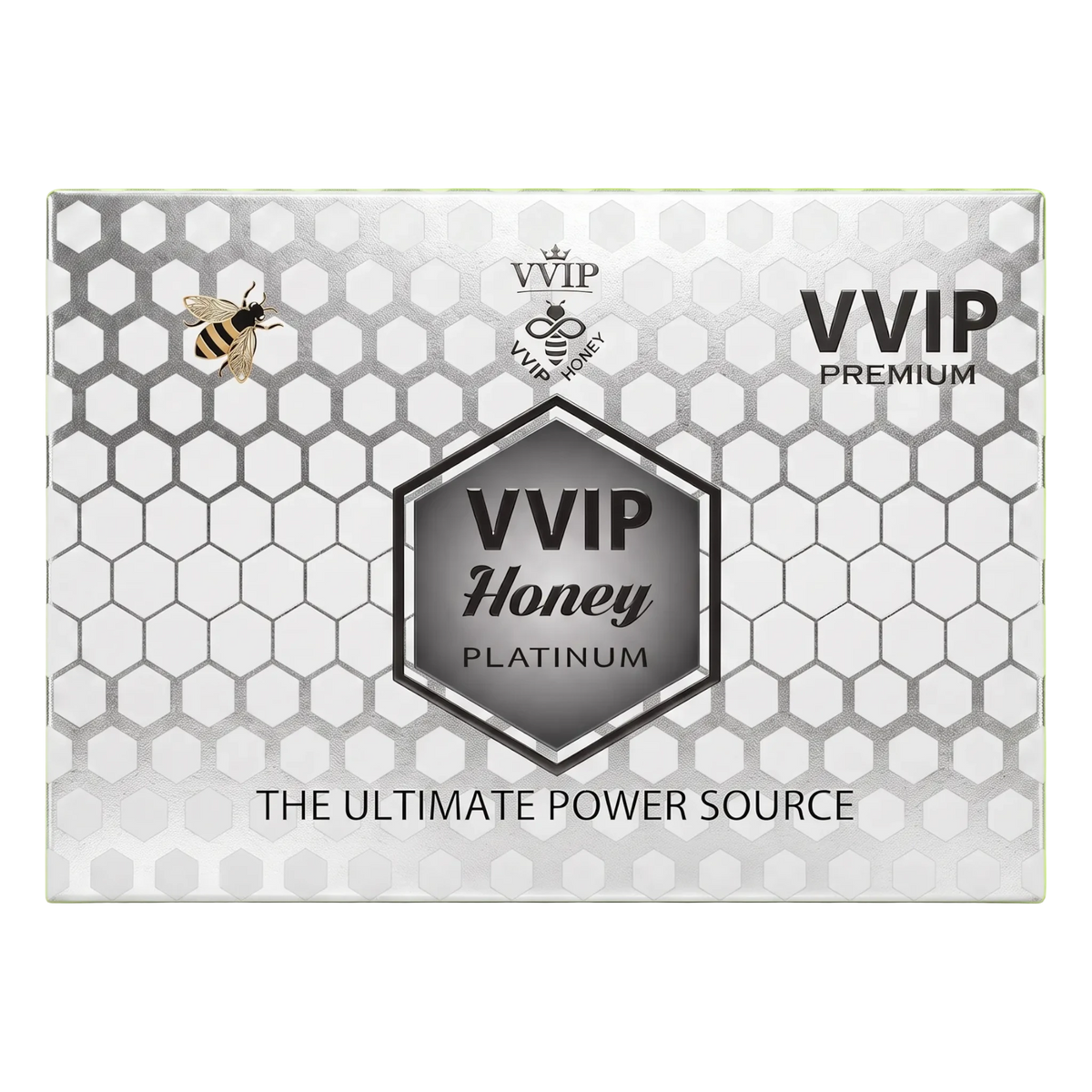 Flavor VIP VVIP Honey Platinum box with 12 individual energy supplement portions featuring a silver honeycomb design